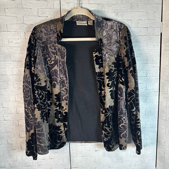 Chico’s shimmery jacket velvety soft burnout pattern Open front black gold - Picture 1 of 11